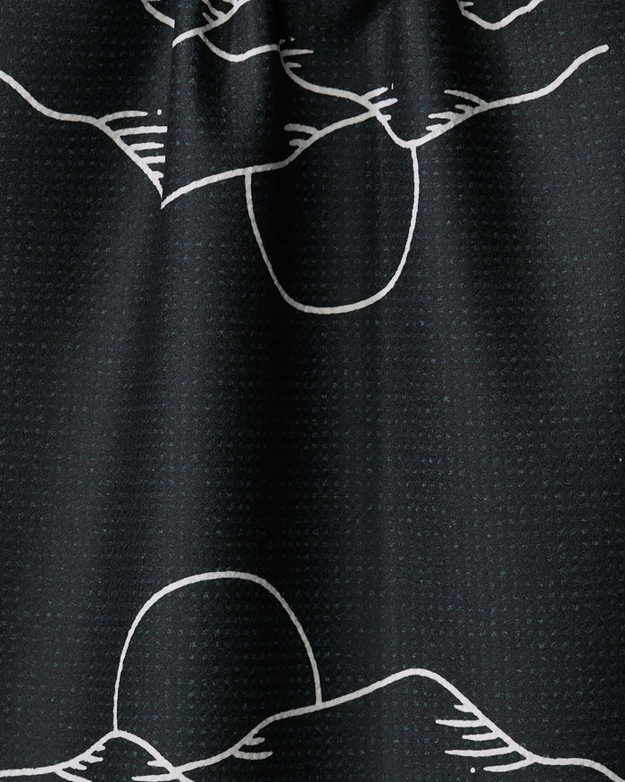 The Midnight Mountain tea towel by Graphics and Grain features a black dotted fabric with a white minimalist sun setting behind hills pattern—stylish and absorbent for any kitchen.