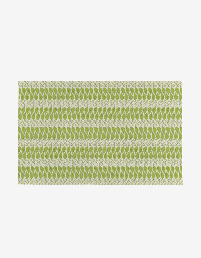 The Mindful Mix by Mindfulnice is a rectangular green mat with white spiral patterns in horizontal rows, made from post-consumer recycled materials, shown on a plain white background.