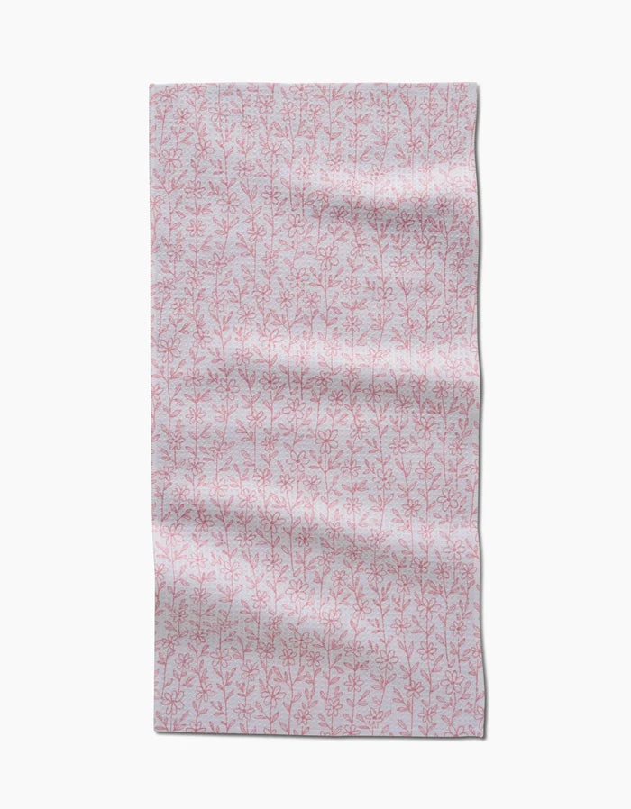 The Minimalist Blush Bar Towel by Teri the Butter features a light pink rectangle with a repeating dark pink coral-like branch pattern, made from ultra-absorbent Geoweave fabric and displayed flat with gentle wrinkles.