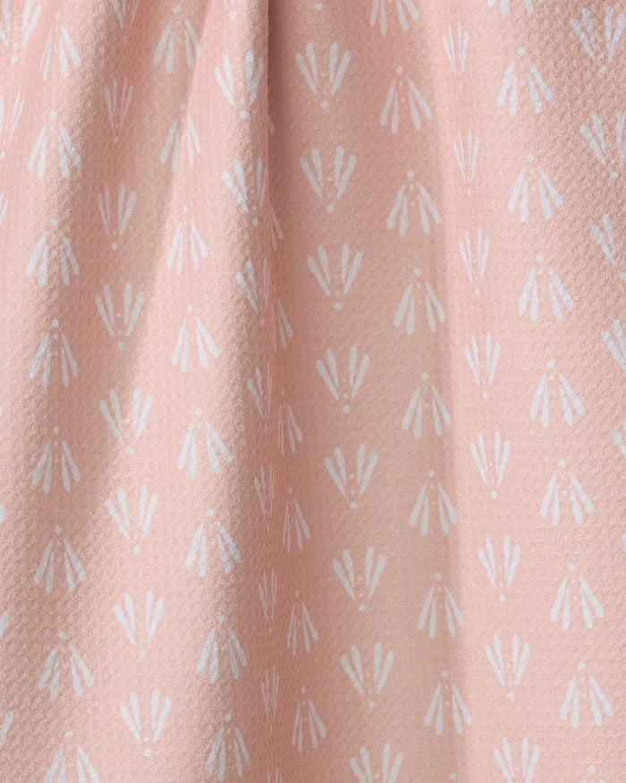 Moth Geometric by Hufton Studio features light pink Geoweave fabric with textured surface and a repeating white geometric floral pattern, ideal for elegant tea towels crafted from recycled materials.