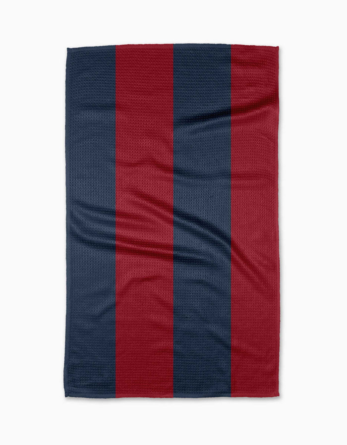 The Modern Dads Mr. Rugby tea towel showcases vertical dark red and dark blue stripes on white, made from durable Geoweave fabric.
