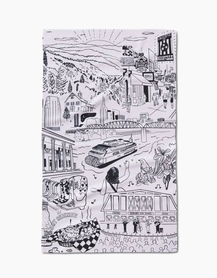 The Nashville Tea Towel by Elisabeth Wing features black and white illustrations of city landmarks—bridge, riverboat, musical notes, flowers, and people—on Geoweave™ fabric, celebrating Nashville’s vibrant music and culture.