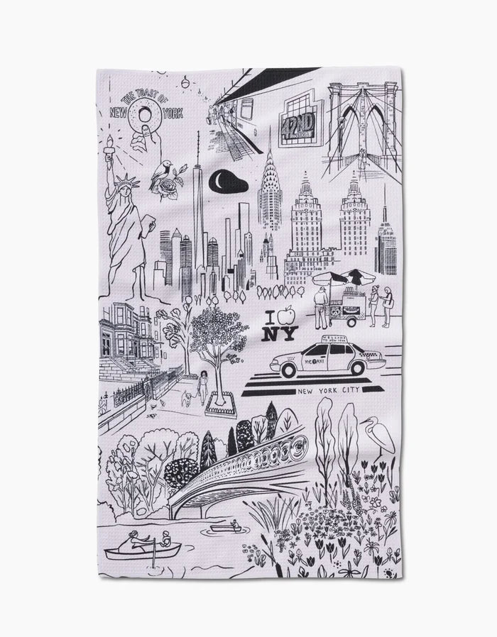 The New York towel by Elisabeth Wing features black-and-white illustrations of iconic NYC landmarks and is made from ultra-absorbent Geoweave fabric for quick drying and comfort.