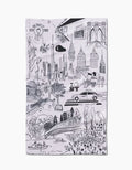 The New York towel by Elisabeth Wing features black-and-white illustrations of iconic NYC landmarks and is made from ultra-absorbent Geoweave fabric for quick drying and comfort.