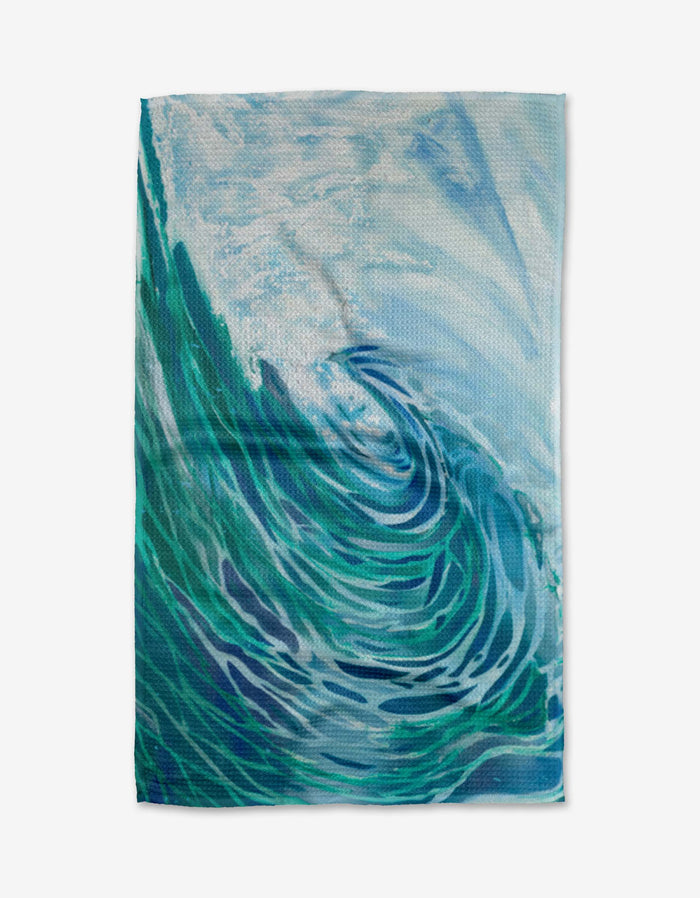 The Trey Jolley Ocean Wave towel features an abstract blue, teal, and white wave design on a light background, made with ultra-absorbent Geoweave fabric for maximum performance.