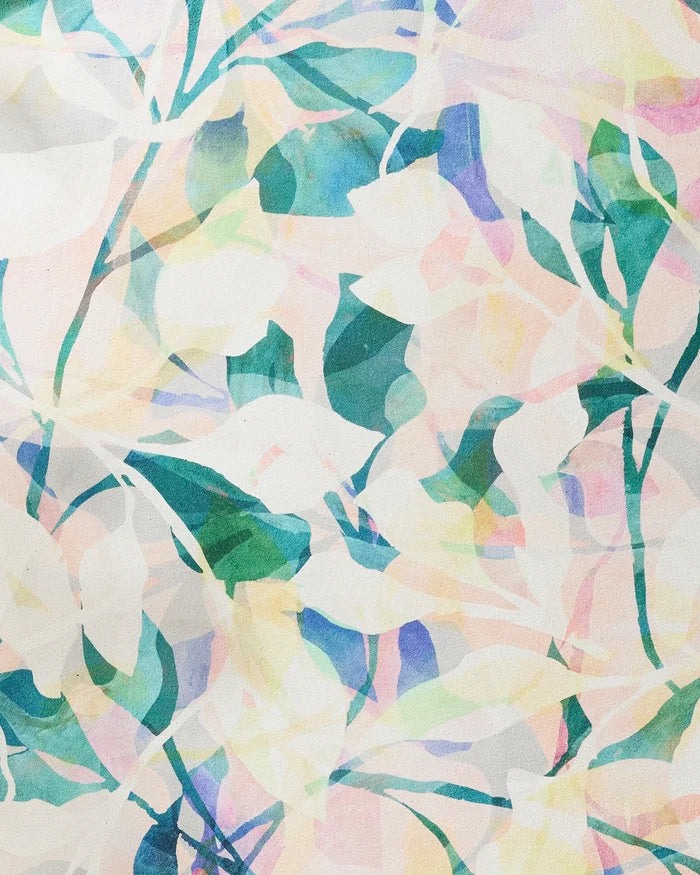 Painted Foliage by Rachel Parker features abstract watercolor leaves and branches in soft pastel hues, forming a light, airy botanical pattern—ideal inspiration for an eco-friendly or non-slip yoga towel design.