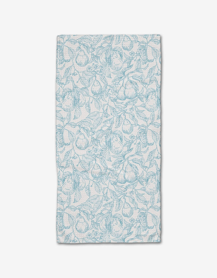 The Pears Please kitchen towel by Aubrey Fairchild features a detailed light blue line drawing of pears on white Geoweave fabric—ultra-absorbent and perfect as a stylish bar towel.
