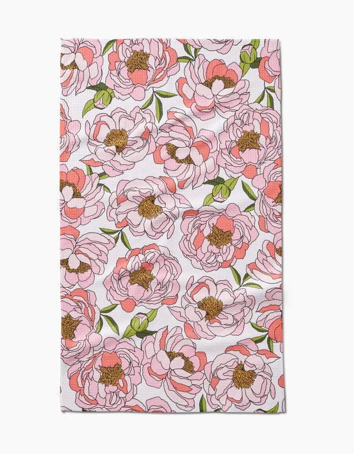 Peony Paradise is a rectangular cloth made of ultra-absorbent Geoweave fabric, displaying large pink peonies with yellow centers and green leaves on a white background.