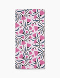 The Petal Symphony Bar Towel by Anette Heiberg features a repeating pink flower pattern with dark green stems on white, crafted from Geoweave fabric for superior absorbency.