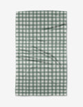 The Picnic Gingham tea towel by Hufton Studio, made from Geoweave™ fabric, features a green and white checkered pattern and is shown flat on a white surface with slight creases.