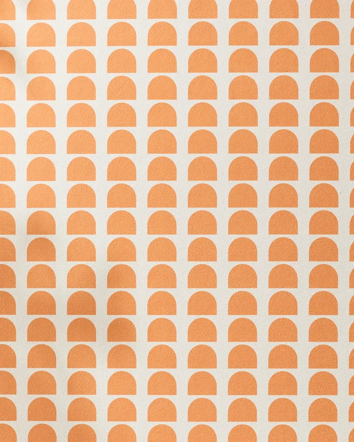 Pink Illusion by Happy Hemera features a repeating pattern of orange semi-circles on white, arranged in neat rows for a geometric, retro vibe—ideal for adding flair to your recycled or non-slip yoga towel.