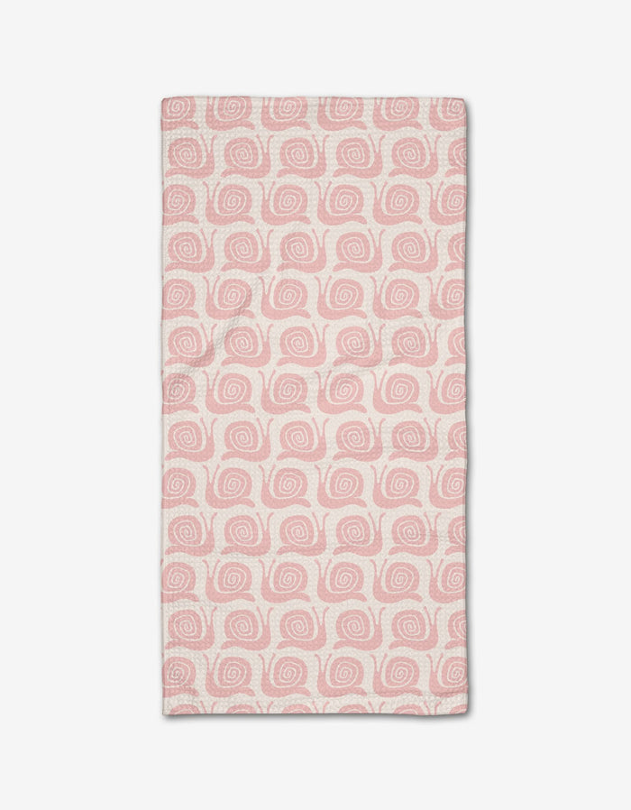 The Kayla Ann Pink Snail Party Bar Towel features pink and white snail illustrations on ultra-absorbent Geoweave fabric, adding style and function to any setting.