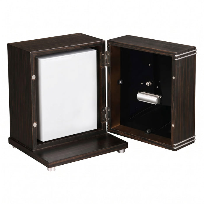 Wooden urn box with open lid showing interior compartments.