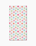 The Elena Fay Polka Dots Bar Towel features colorful pink, green, orange, and light blue polka dots on white Geoweave fabric for a soft, vibrant touch.
