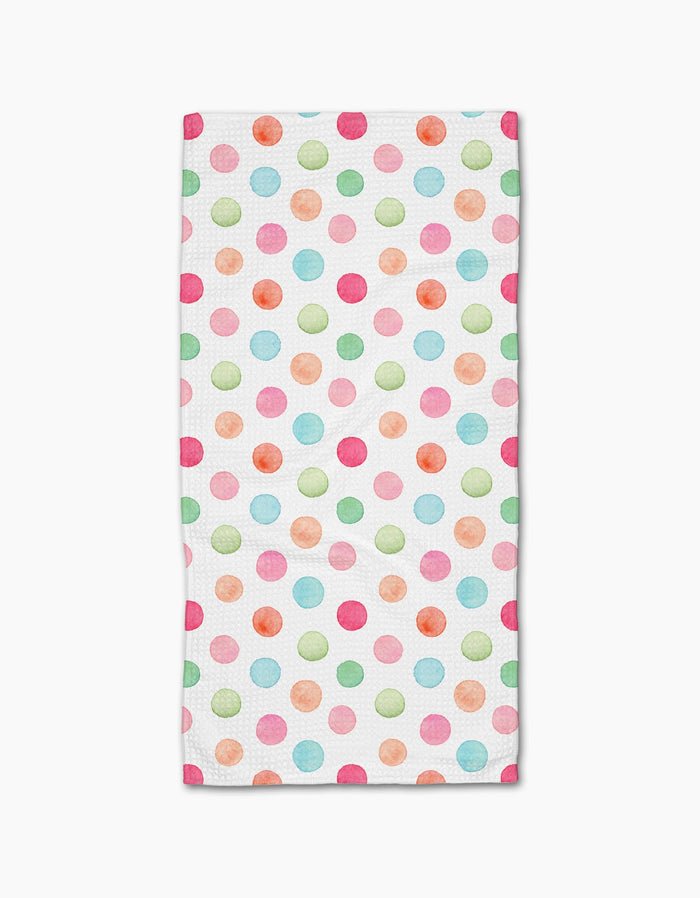 The Elena Fay Polka Dots Bar Towel features colorful pink, green, orange, and light blue polka dots on white Geoweave fabric for a soft, vibrant touch.