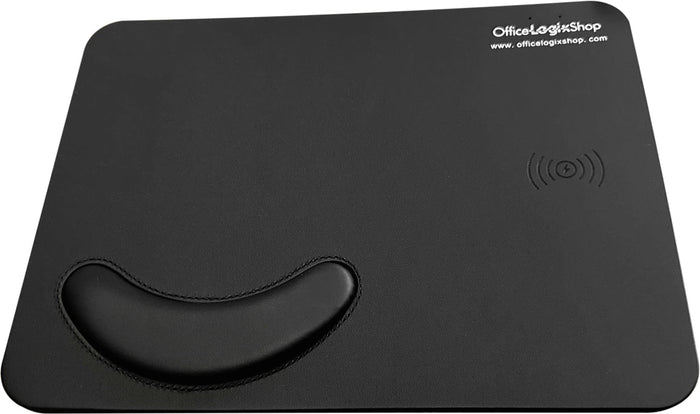 Black wireless charging mouse pad with wrist rest, Office Logix Shop branding