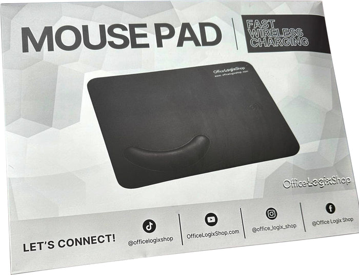 Office Logix Shop wireless charging mouse pad with wrist support on product packaging