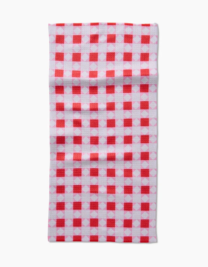 The Quilt Block Pink Andred by Brittany Jepsen features a red and white checkered pattern on Geoweave fabric, displayed flat against a white background.