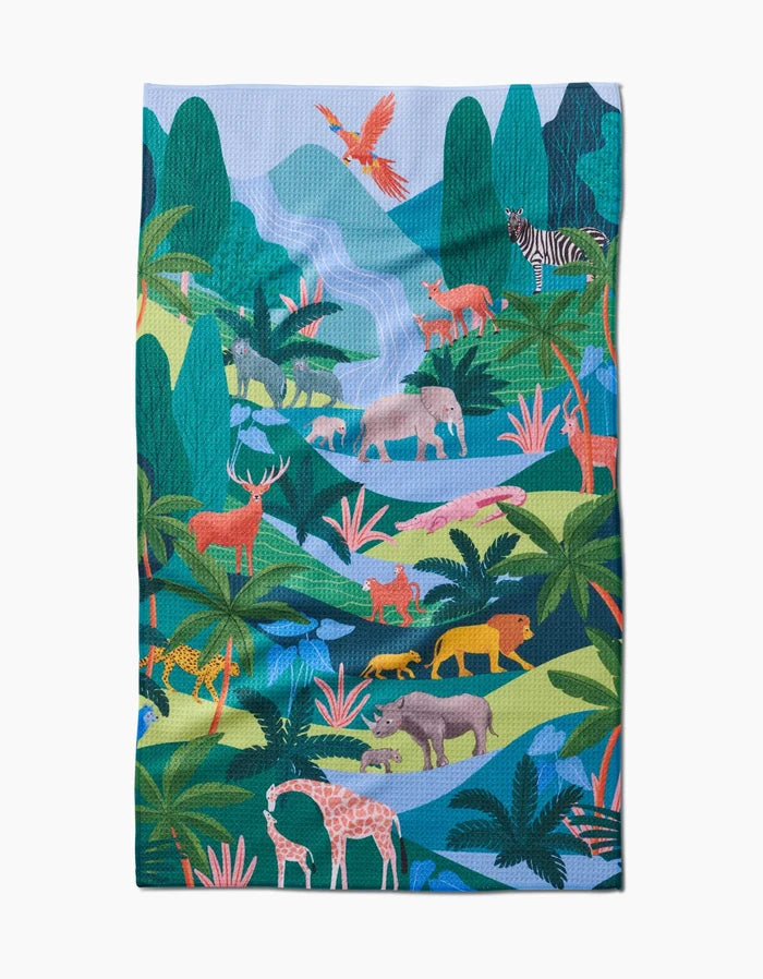 Rain Forest by Ceyda Alasar: a tea towel featuring a vibrant jungle scene with animals, printed on eco-friendly Geoweave™ fabric made from post-consumer recycled materials—adding wildlife charm and sustainability to your kitchen.