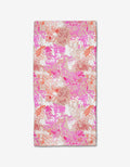 The Rawhide Bar Towel by Elisabeth Wing features an abstract, multicolored brushstroke pattern in pink, coral, orange, and white on Geoweave fabric.