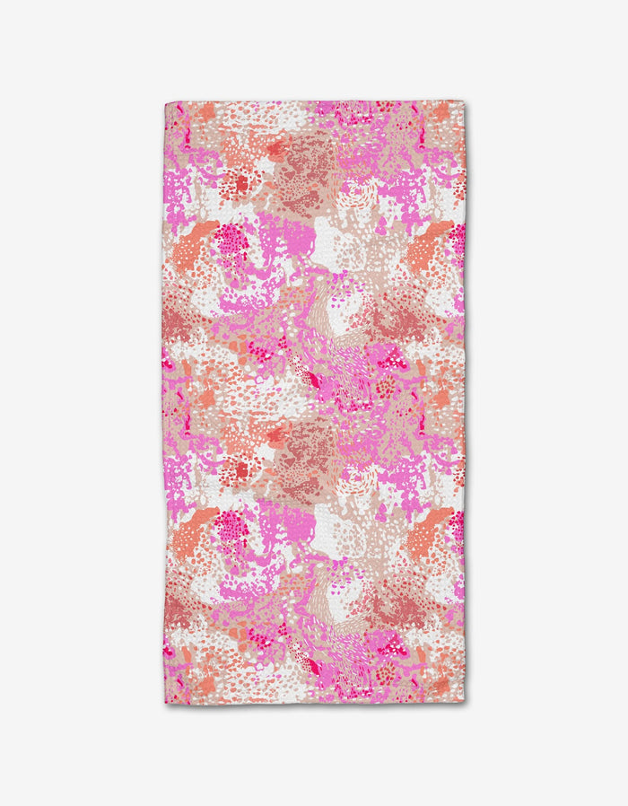 The Rawhide Bar Towel by Elisabeth Wing features an abstract, multicolored brushstroke pattern in pink, coral, orange, and white on Geoweave fabric.