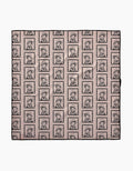 The Geometry Ready For Summer Doggy is an eco-friendly, absorbent fabric square with repeated womens faces in dotted rectangles on a light pink background—perfect as stylish dog towels.