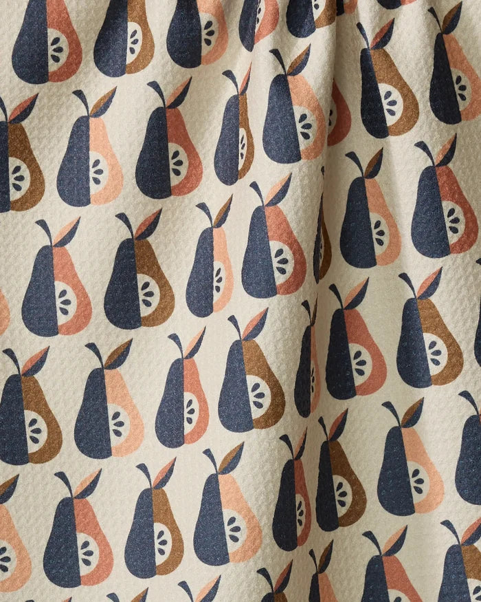 The Retro Pears towel by Megan Kampa showcases a repeating pattern of stylized pears in navy, brown, and peach on beige. Ultra-absorbent with a quilted texture, its gentle folds add to the stylish retro appeal.
