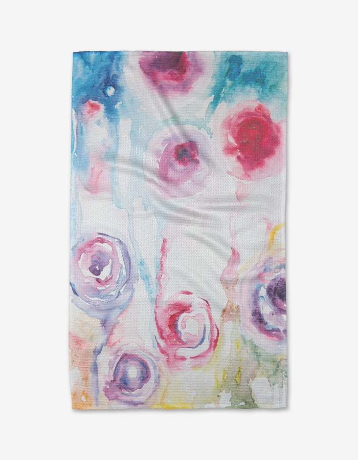 Roses by Stefanie Bales features abstract, rose-like shapes in pink, purple, and blue with soft edges on a dreamy multicolored background—ideal for adding artistic flair to a Geoweave™ fabric tea towel.