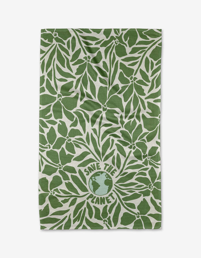 The Save the Planet Tea Towel by Sweet Simple Vegan features leafy green and white designs with an Earth illustration and “SAVE THE PLANET” text, crafted from eco-friendly recycled materials.