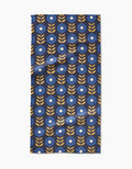 The Scandi Floral Bar Towel by Megan Kampa features a modern, evenly spaced geometric pattern of yellow stems and blue flowers on dark blue Geoweave fabric, blending eco-friendly design with Scandinavian style.