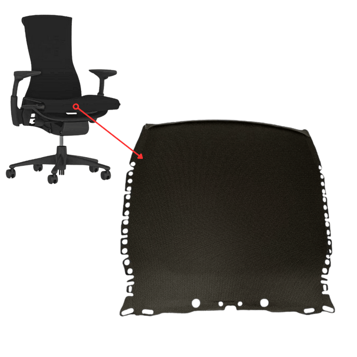 Herman Miller Embody compatible seat fabric replacement in black, shown with chair fitment diagram