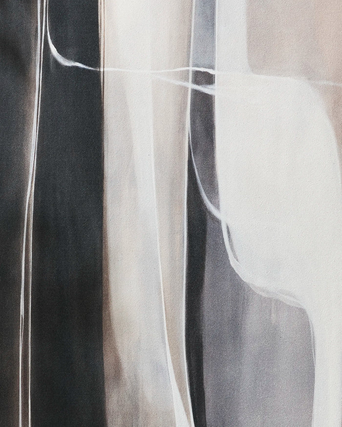 Seduction by Jennifer Janesko features vertical, flowing shapes in black, white, and gray. Soft layers and curves evoke calming movement and depth, perfect for a yoga towel designed for mindful practice.