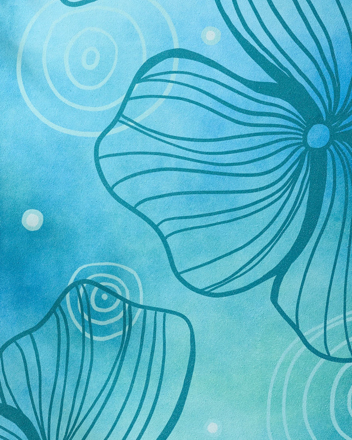 Serenity by Blissful Flamingo features an abstract blue and teal background with outlined floral shapes and circular patterns, creating a light, airy look—ideal for a recycled yoga towel. Thin, wavy flowers appear over soft gradient colors.