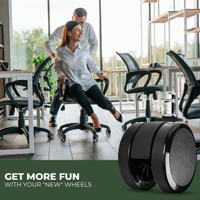 Office workers enjoying refurbished office chairs with soft caster wheels for hardwood floors