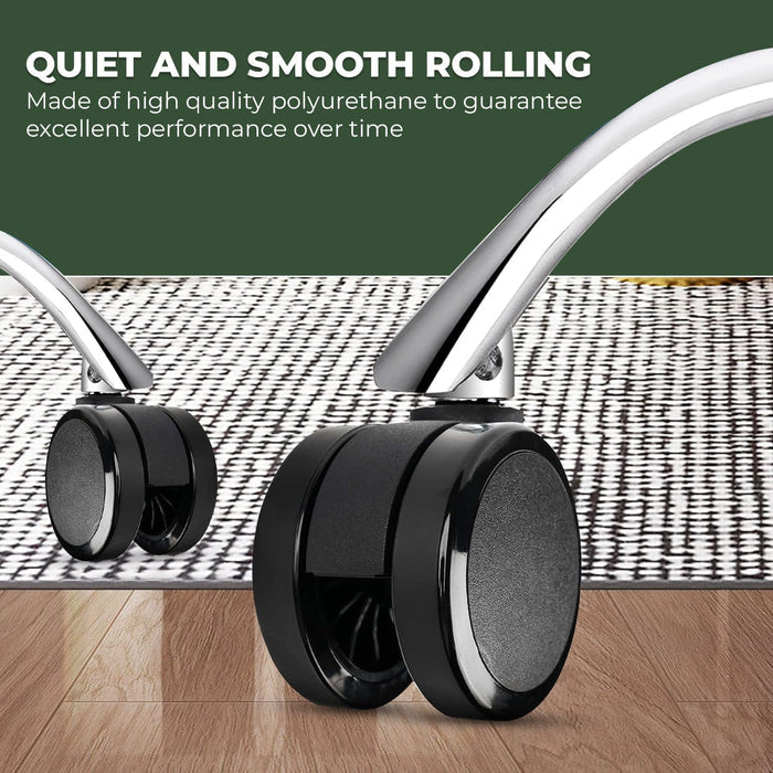 Close-up of black office chair caster wheels on hardwood floor, ideal for smooth, quiet rolling.
