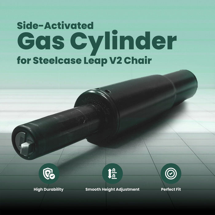 Side-activated gas cylinder for Steelcase Leap V2 office chair on green background.