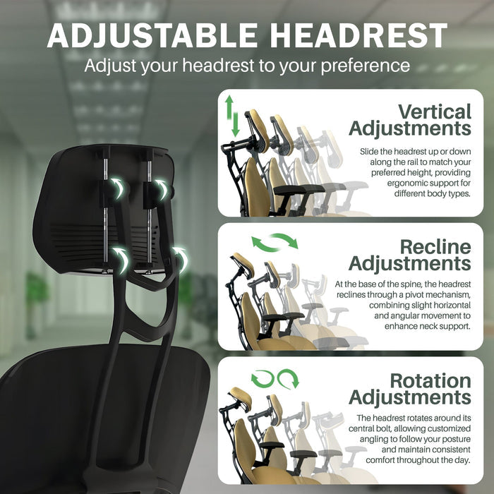Steelcase Leap V2 chair headrest adjustable for vertical, recline, and rotation in office setting
