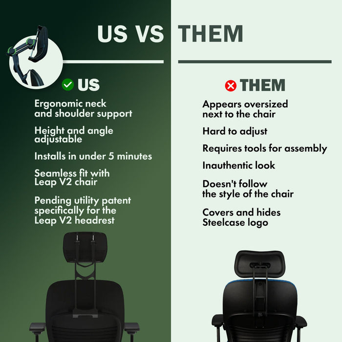 Steelcase Leap V2 chair headrest comparison chart, showing ergonomic adjustable headrest benefits vs competitor for Office Logix Shop.