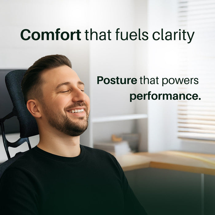 Man relaxing in a Steelcase Leap V2 office chair with headrest in a modern home office, text reads 'Comfort that fuels clarity. Posture that powers performance.' Refurbished ergonomic office chair.