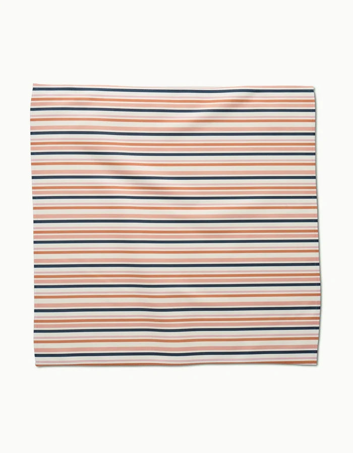 Striped Harvest by Charlie Rowan Designs features square Geosuede fabric with navy, coral, and white horizontal stripes on a plain background—perfect for chic Dinner Napkins made from post-consumer recycled materials.