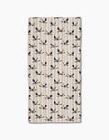 The Geometry Striped Nautical Birds Bar Towel is beige with a symmetrical pattern of abstract blue and tan birds on Geoweave fabric, offering superior absorbency and durability.