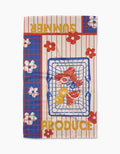 The Summer Produce Poster by Geometry showcases a blue grid with red flowers and a basket of summer fruits. “SUMMER PRODUCE” is printed in yellow along the border, adding a cheerful seasonal accent.