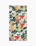 The Summer Refreshments Bar Towel by Geometry features a colorful cocktail pattern with citrus, ice cubes, and green leaves on white—crafted from premium Geoweave fabric for superior absorbency.