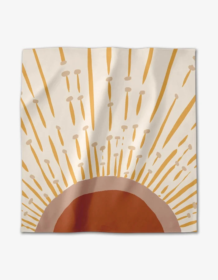 Sunny Stripes by GEOMETRY features a minimalist rising sun with orange, brown, and gold rays on cream. This modern, abstract design is printed on soft Geosuede fabric for our Dinner Napkin Set made from recycled materials.