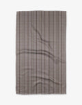 The Buy Guides Super Stripe - Chocolate is a rectangular, flat Geoweave fabric in gray with a subtle checkered pattern and thin, evenly spaced vertical black stripes, shown slightly wrinkled on a white background.