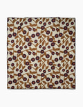 The Swirling Vines square scarf by Lizzie Clark features a cream background with brown branches, leaves, and dark red flowers with navy centers—crafted from soft recycled beach blanket material.