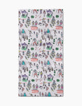 The Elisabeth Wing Take A Hike Bar Towel features a playful hand-drawn pattern of hikers, trees, mountains, and streams on ultra-absorbent Geoweave fabric.