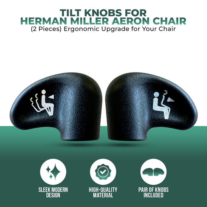 Pair of black tilt knobs for Herman Miller Aeron chair, ergonomic office chair parts on display