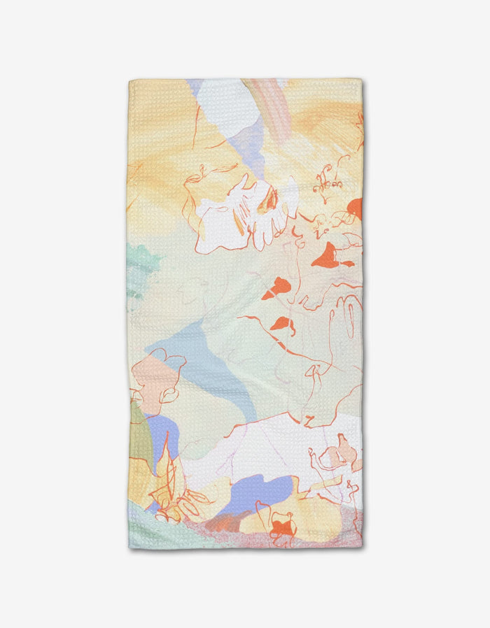 The Tree House bar towel by Kristina Baker features pastel abstract line drawings in orange, yellow, blue, and green on white, crafted from durable Geoweave fabric.