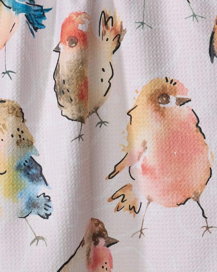 Tweet Tweet" by Sara Mari features watercolor-style birds in brown, pink, blue, and orange on a white textured background—ideal for a tea towel or ultra-absorbent towel.